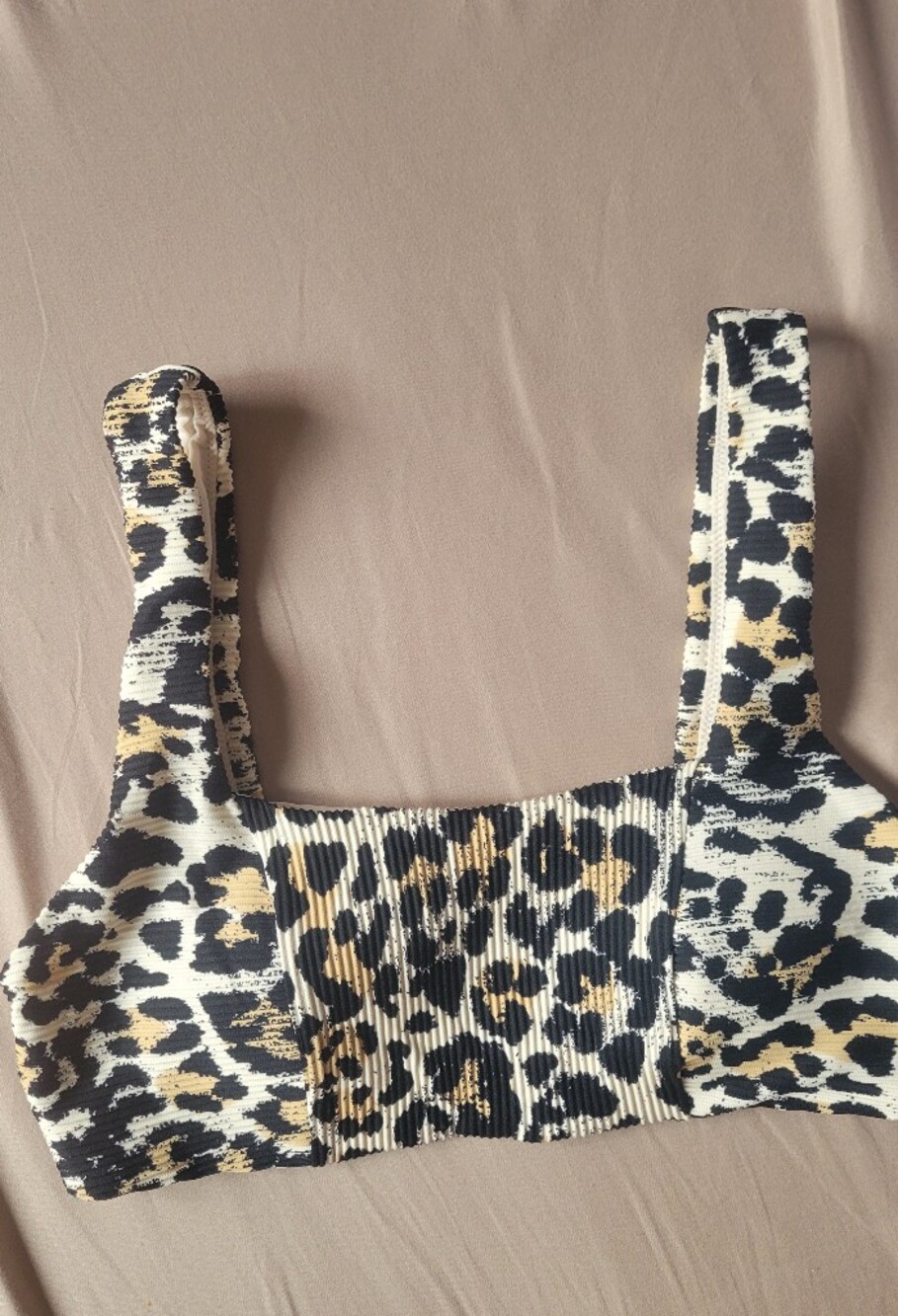 Leopard Print Ribbed Crop Bikini Top - Black, Cream & Gold
